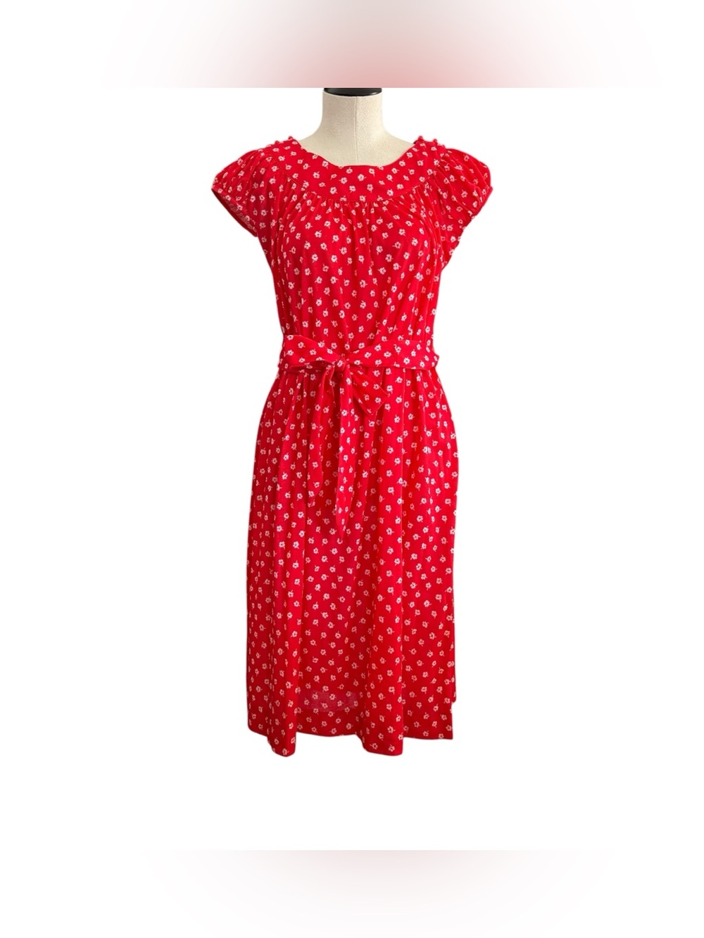 NWT Vintage 70's Lanz Originals Red Prairie Dress Puff Sleeve Belted Cottage 5/6